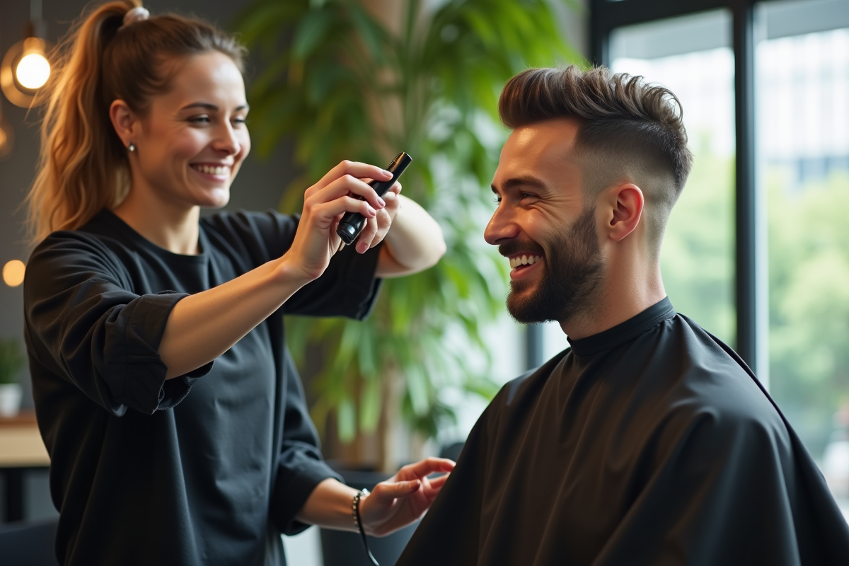 Homme souriant dans un salon de coiffure moderne et lumineux