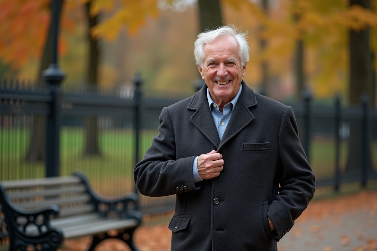 Homme souriant montrant la poche de son manteau