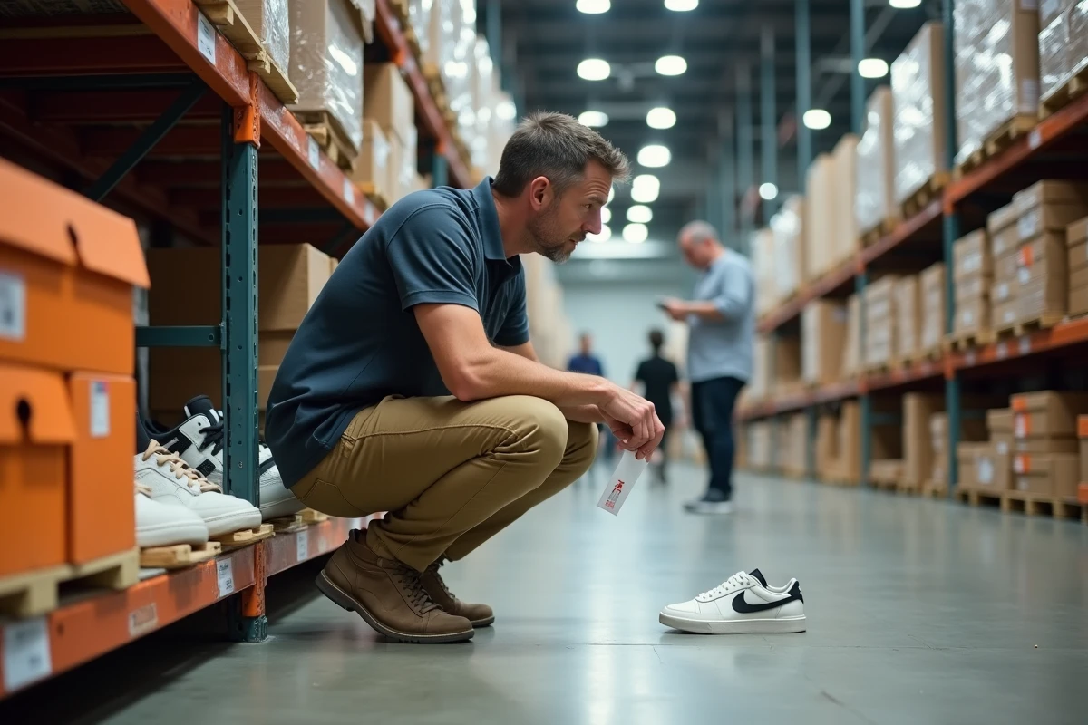 Homme inspectant le prix de sneakers de marque dans un entrepôt de déstockage