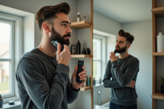Jeune homme se coiffant avec une barbe Van Dyke dans une salle de bain lumineuse
