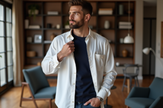 Homme élégant ajustant son col dans un appartement moderne