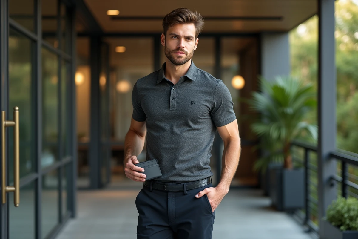 Homme sport chic sortant un porte-cartes minimaliste de sa poche devant l'entrée d'un club de sport moderne