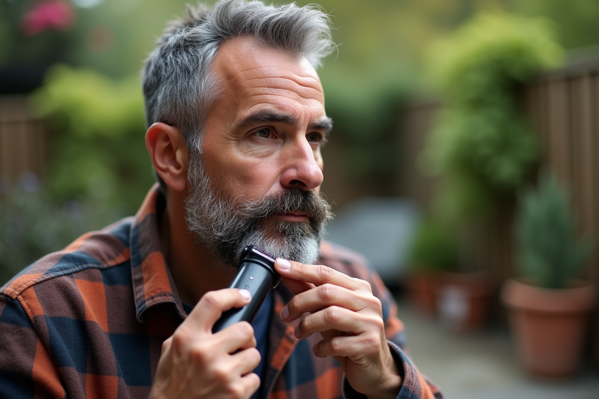 Homme taillant sa barbe dans le jardin