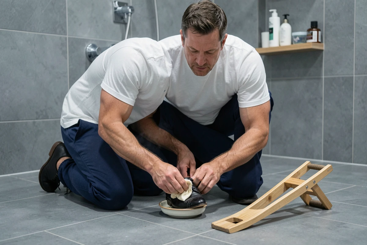 Homme tentant d'élargir une chaussure en cuir avec un tendeur et un tissu humide sur un sol de salle de bain carrelé