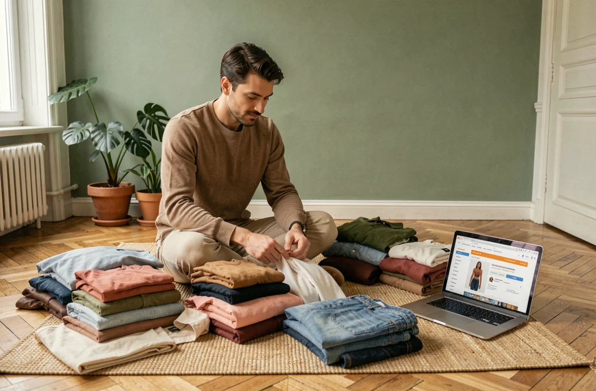 Homme triant des vêtements d'occasion achetés en ligne chez lui, solution économique toute l'année pour s'habiller