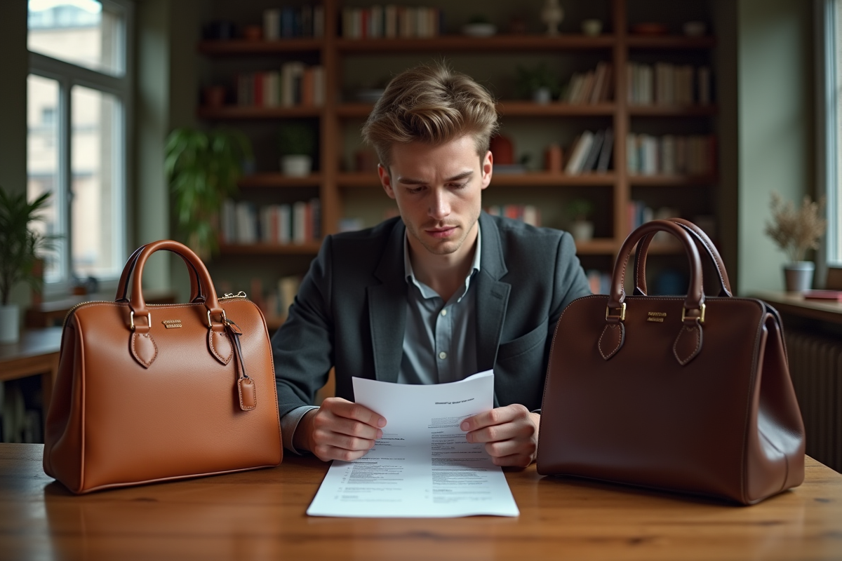 Jeune homme comparant un sac authentique et contrefaçon à la maison