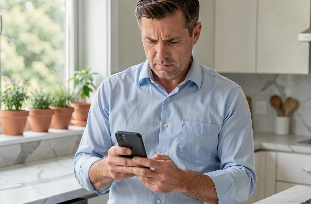 Homme consultant des avis en ligne sur son smartphone dans une cuisine pour vérifier la fiabilité de commentaires d'achat