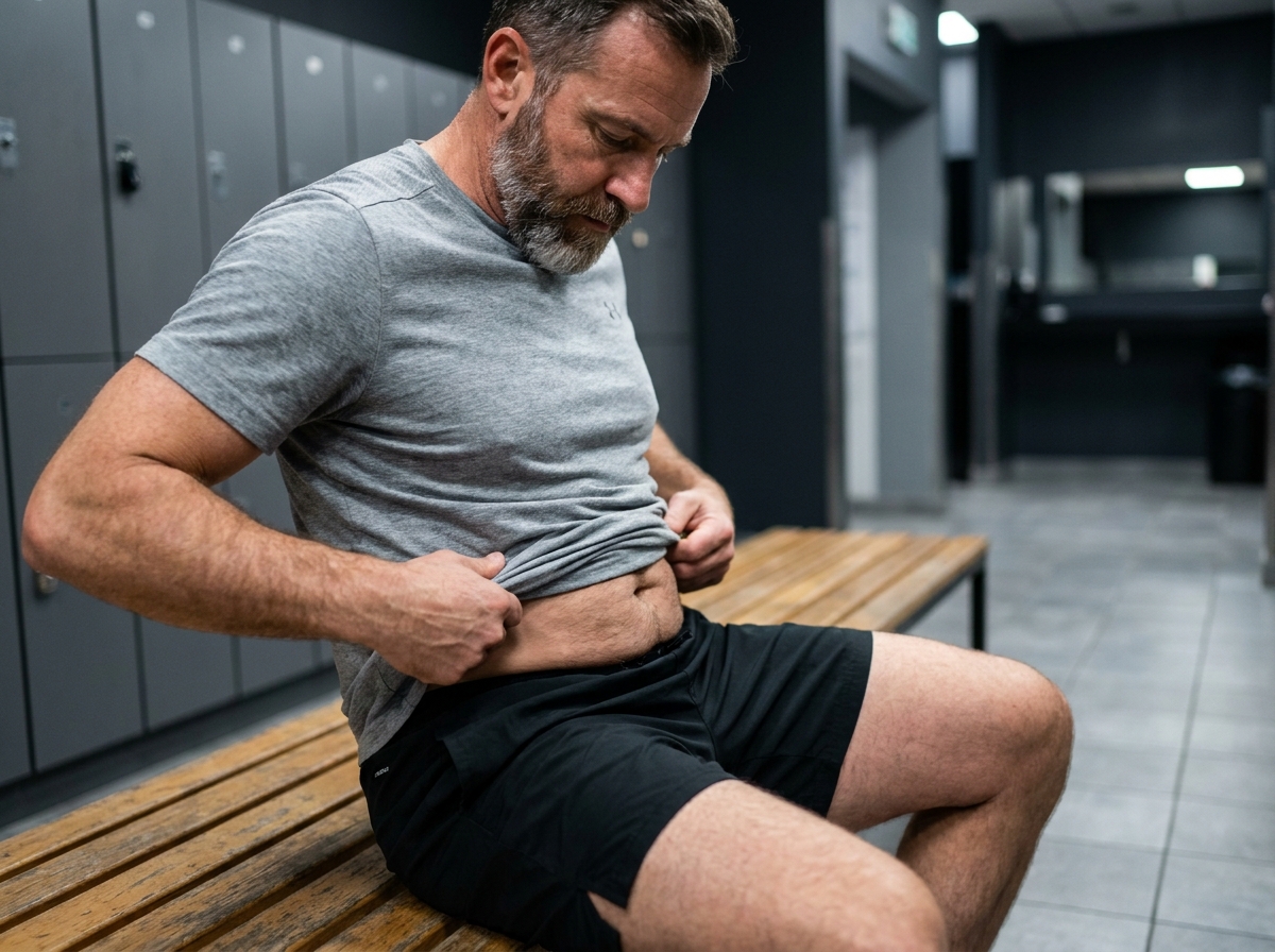 Homme dans un vestiaire de salle de sport après une perte de poids, observant les rondeurs et la peau relâchée restantes autour de l'abdomen