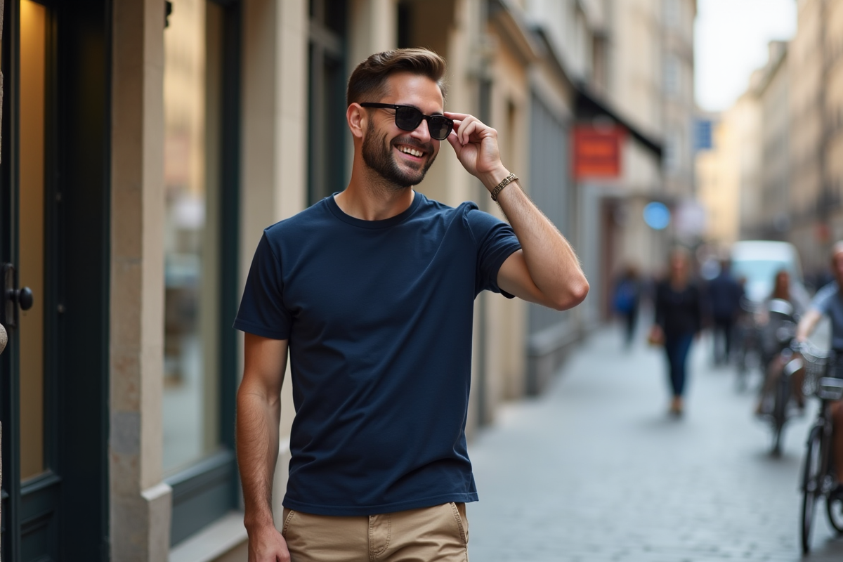 Homme marchant dans la rue urbaine en ajustant ses lunettes