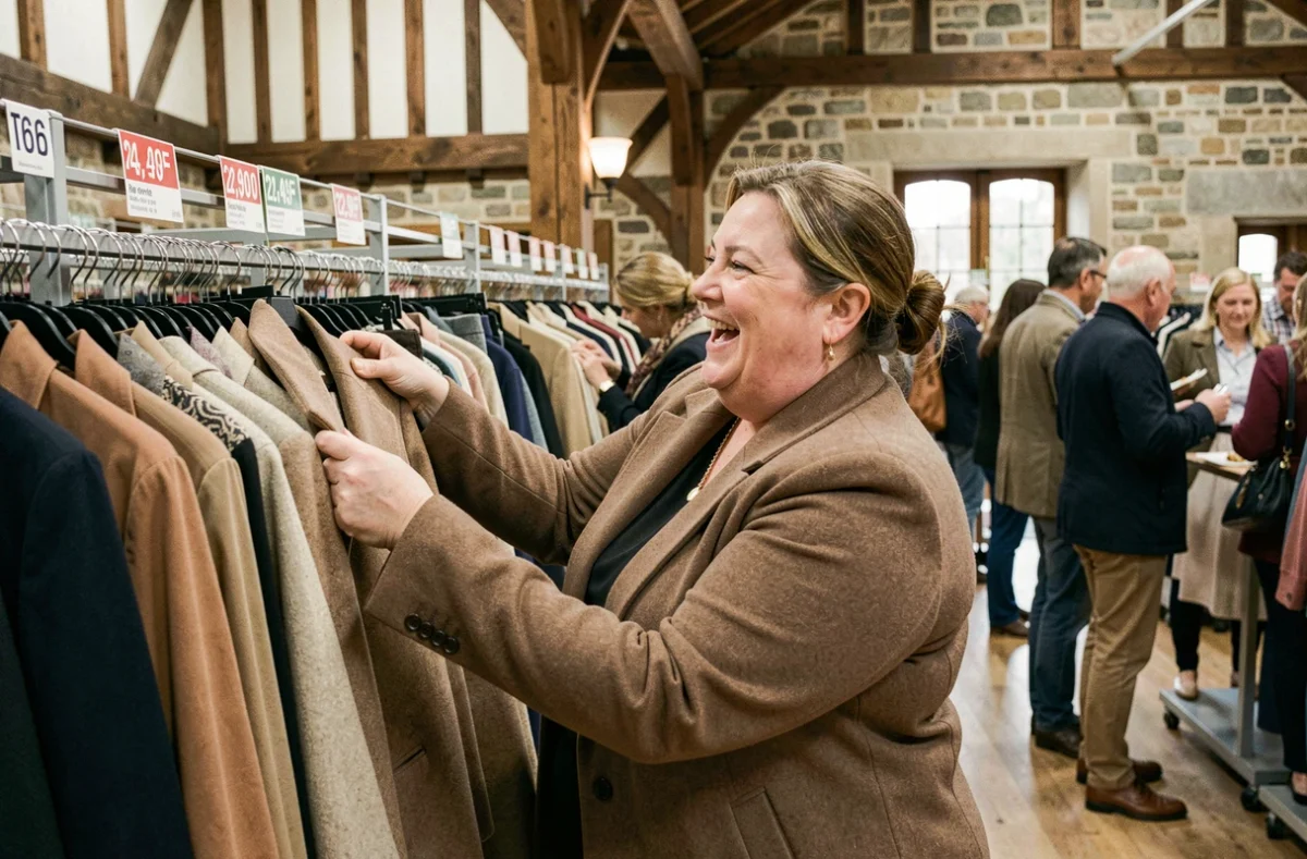 Femme grande taille cherchant des bonnes affaires à l'outlet Honfleur Normandy Outlet