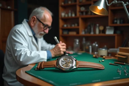 Horloger expert examinant le mouvement d'une montre de luxe mécanique dans un atelier d'horlogerie