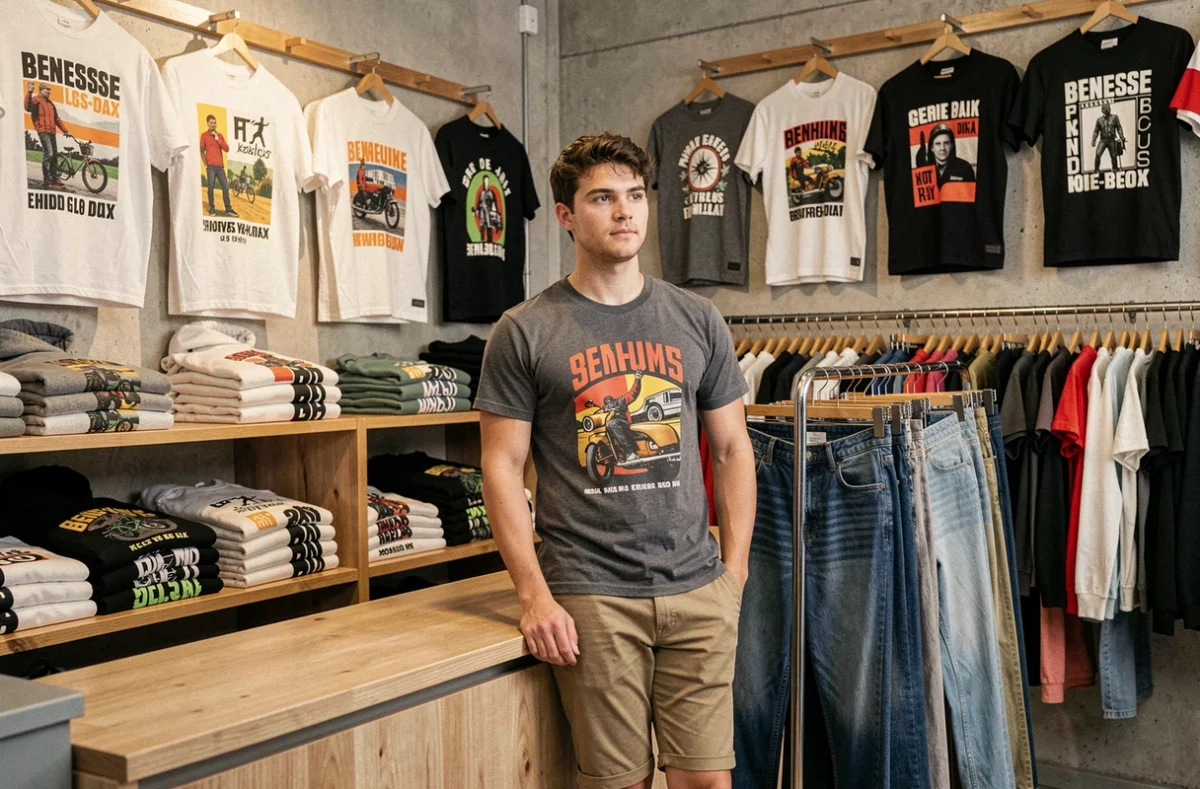 Human and Tee à Benesse-les-Dax, boutique streetwear avec mur de t-shirts graphiques et vendeur décontracté.