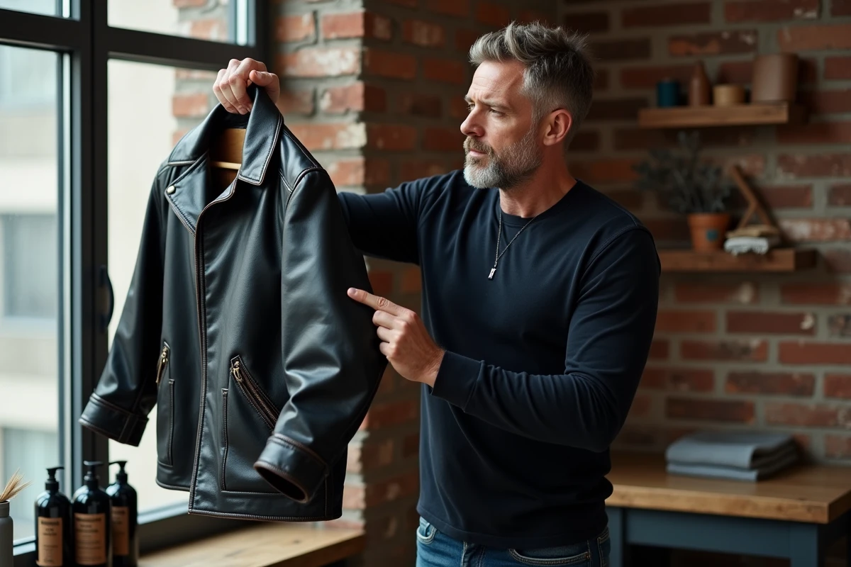 Homme inspectant un blouson en cuir noir pour détecter des griffures avant entretien dans un appartement urbain