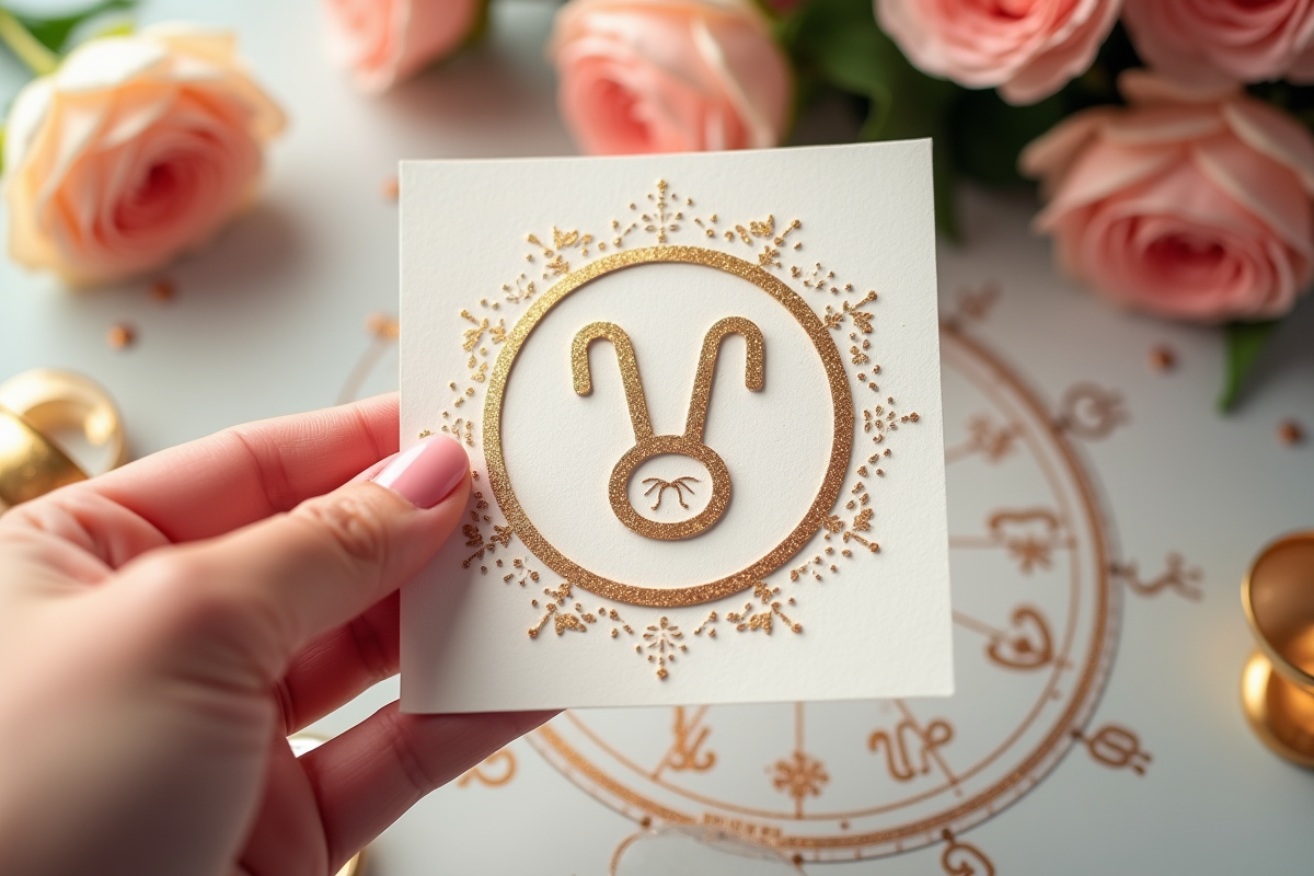 Main tenant une invitation de mariage avec symbole zodiac Lis sur une table lumineuse avec fleurs et confettis