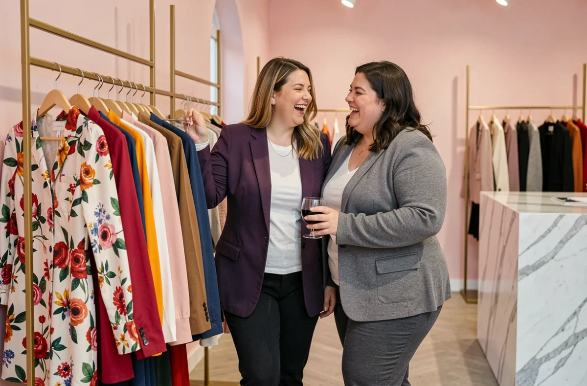 Deux femmes grandes tailles riant ensemble dans la boutique Jade et Lisa à Rouen