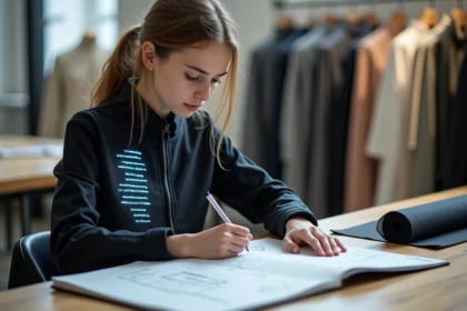 Jeune créatrice de mode avec veste LED dans un studio lumineux