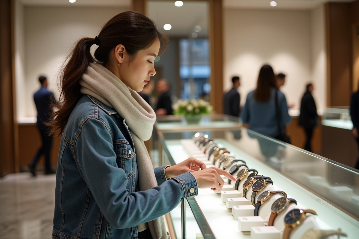 Jeune femme regardant les montres en boutique