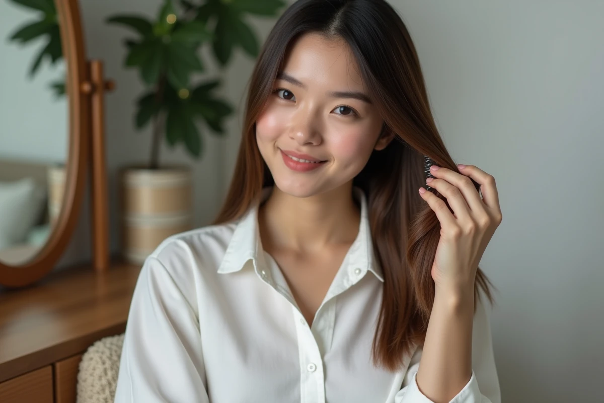 Jeune femme coiffant ses cheveux avec un sourire naturel