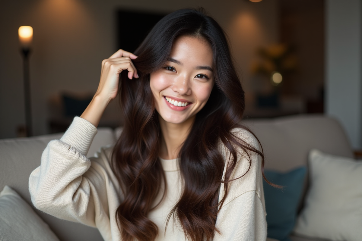 Jeune femme souriante aux cheveux longs et soyeux en intérieur