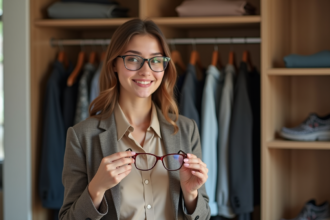 Jeune femme choisissant des lunettes dans sa chambre