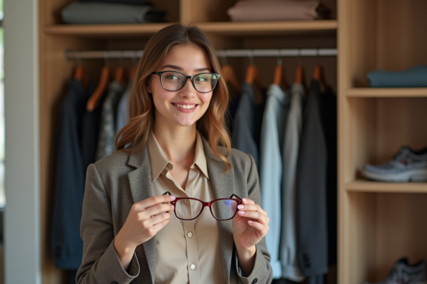 Jeune femme choisissant des lunettes dans sa chambre