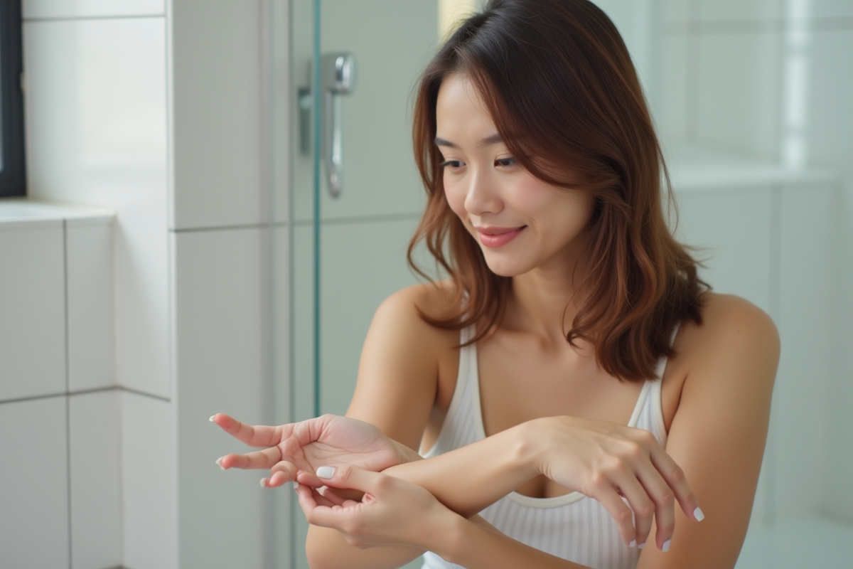 Jeune femme examine son avant-bras après épilation