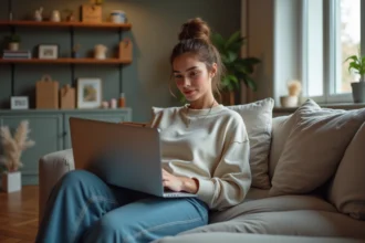 Jeune femme en streetwear dans un salon belge