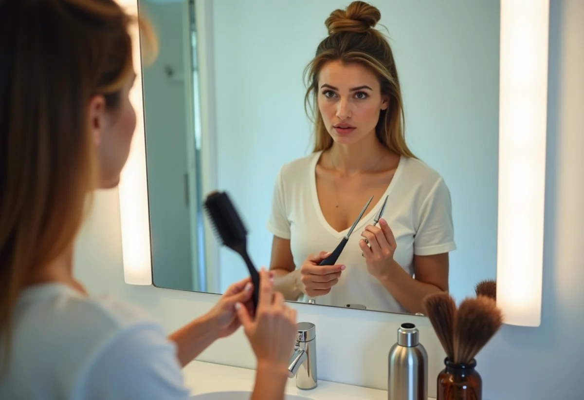 Jeune femme regardant dans le miroir avec inquiétude en se coiffant