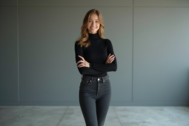 Jeune femme modèle en studio minimaliste souriante
