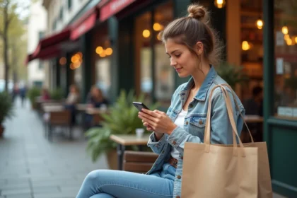 Jeune femme parisienne avec sacs écologiques sur une terrasse