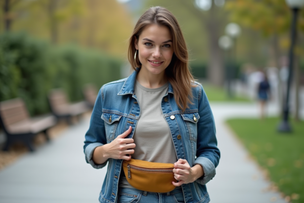 Jeune femme en ville ajustant son sac banane en denim