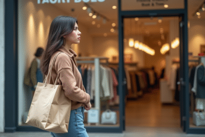 Jeune femme préoccupée devant un magasin de mode éthique