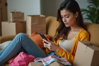 Jeune femme en mode tendance avec smartphone dans un appartement