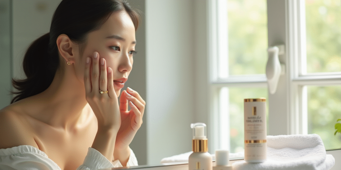 Jeune femme asiatique appliquant crème visage devant miroir naturel