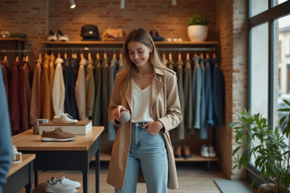 Jeune femme en trench beige examine un accessoire à Paris