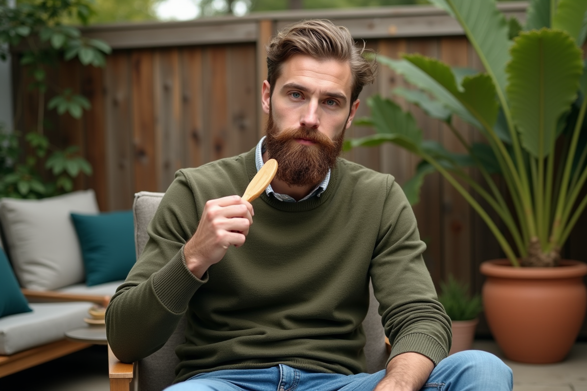 Jeune homme coiffant sa barbe avec une brosse en extérieur