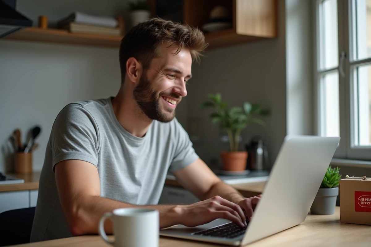 Jeune homme souriant en naviguant sur un catalogue en ligne