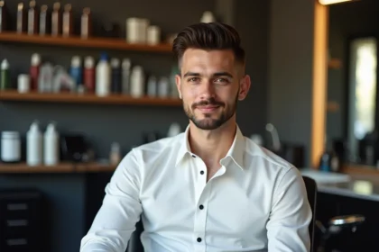 Jeune homme en coiffure classique dans un salon moderne