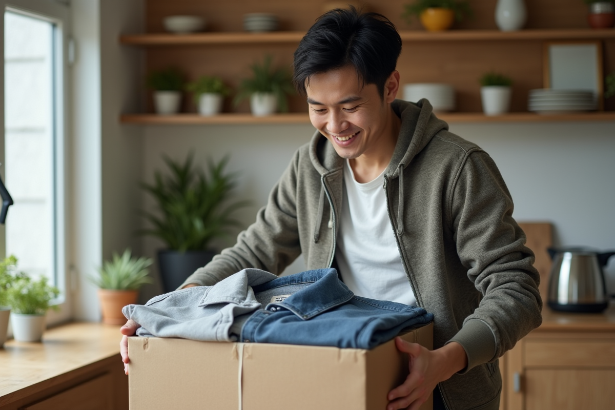 Jeune homme souriant déballant des vêtements d