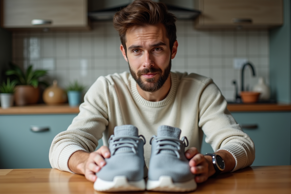 Jeune homme regardant des chaussures de sport dans la cuisine