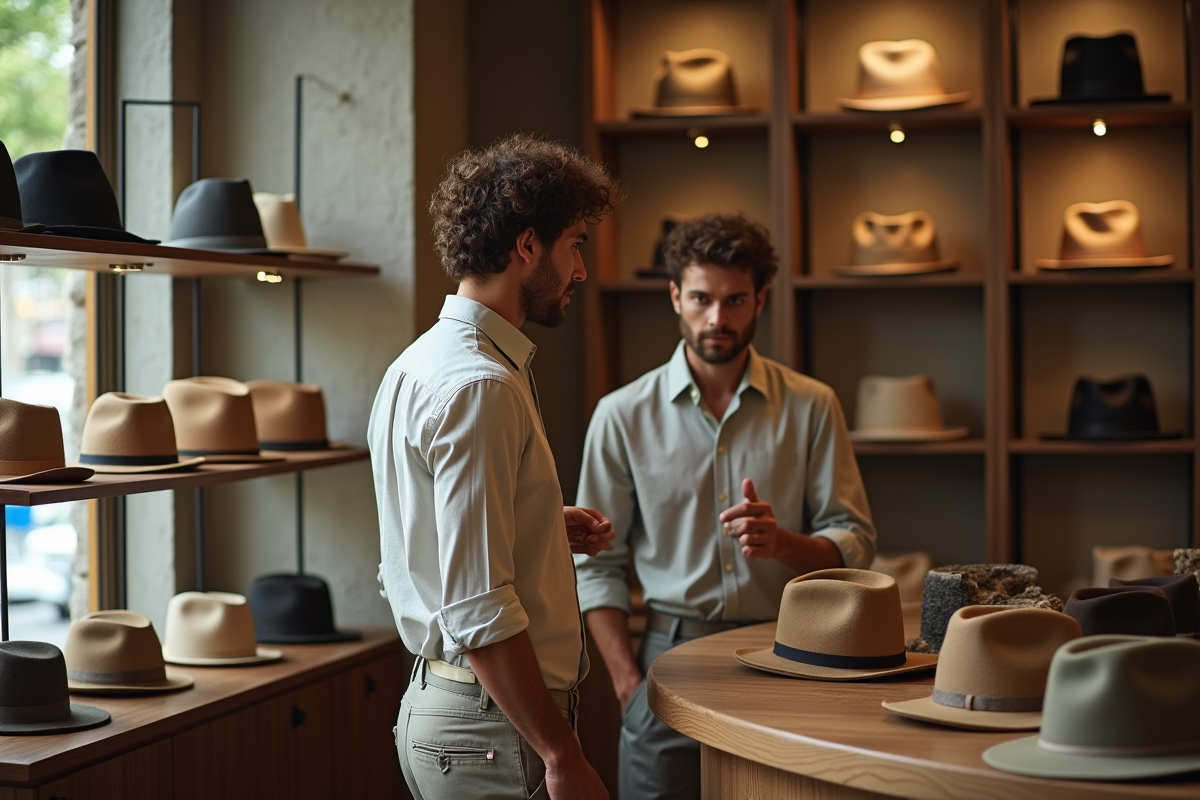 Jeune homme essayant un fedora dans une boutique de chapeaux