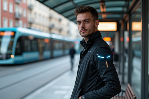 Jeune homme en veste urbaine avec LED en extérieur