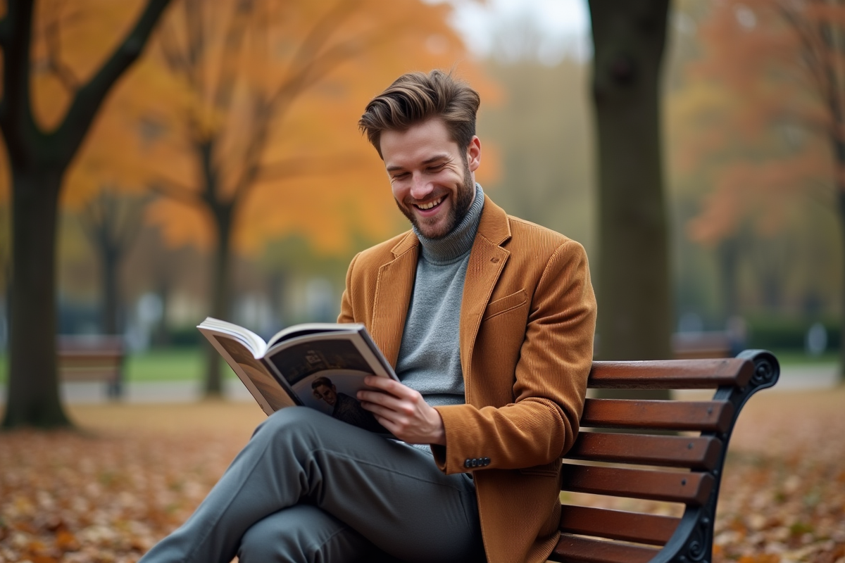Jeune homme lisant magazine dans parc automnal