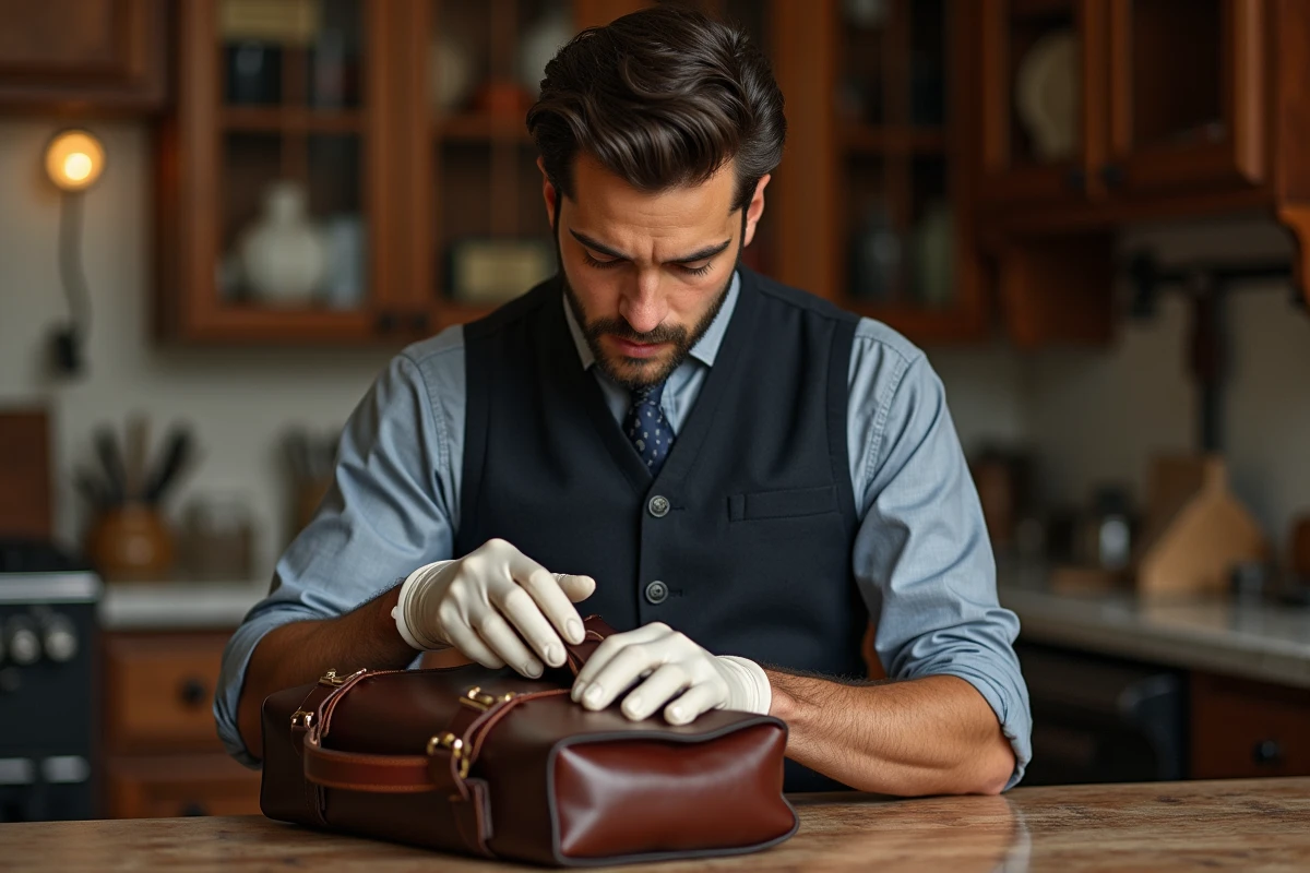 Jeune artisan homme inspectant un sac en cuir
