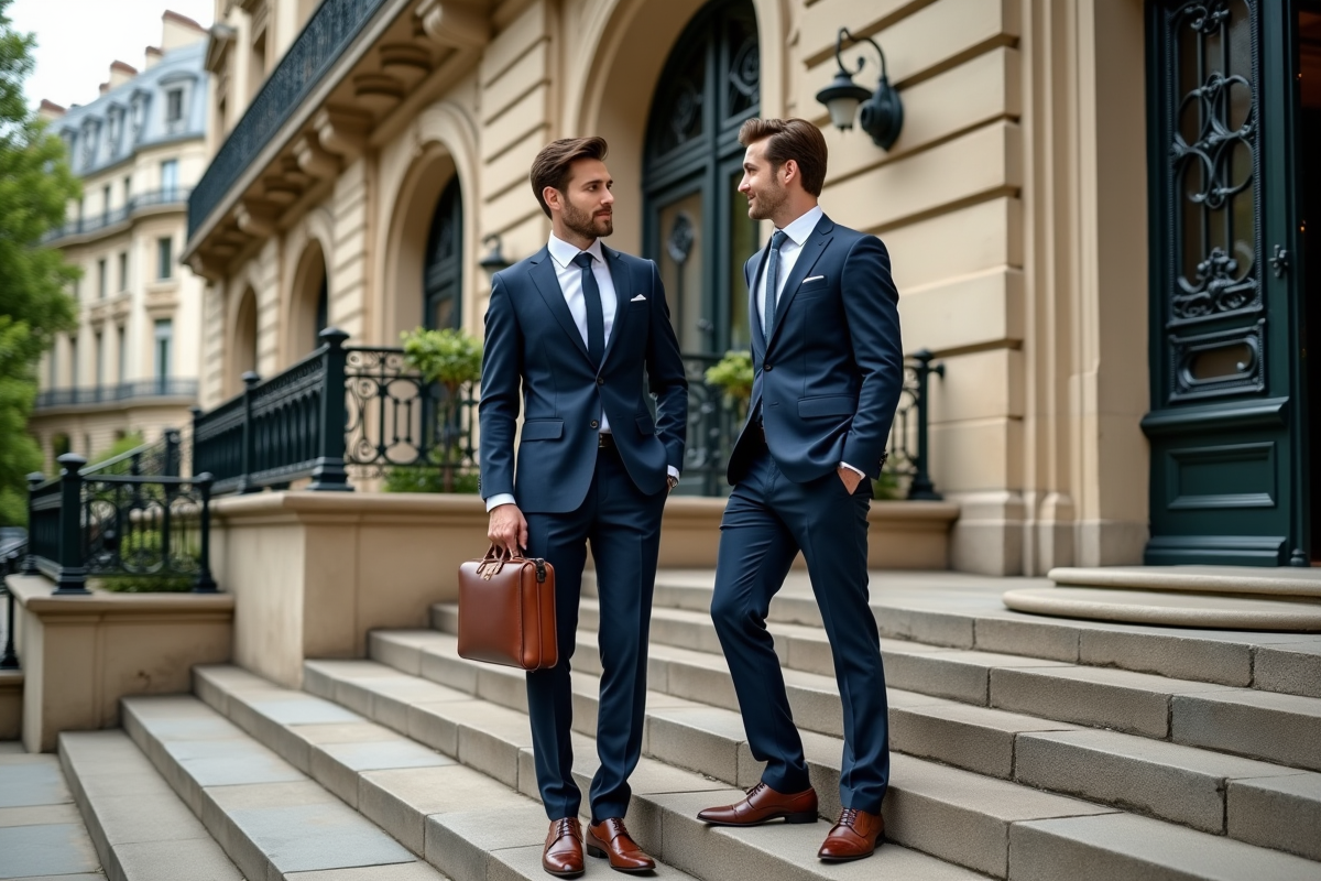 Deux jeunes hommes en costume sur un escalier parisien