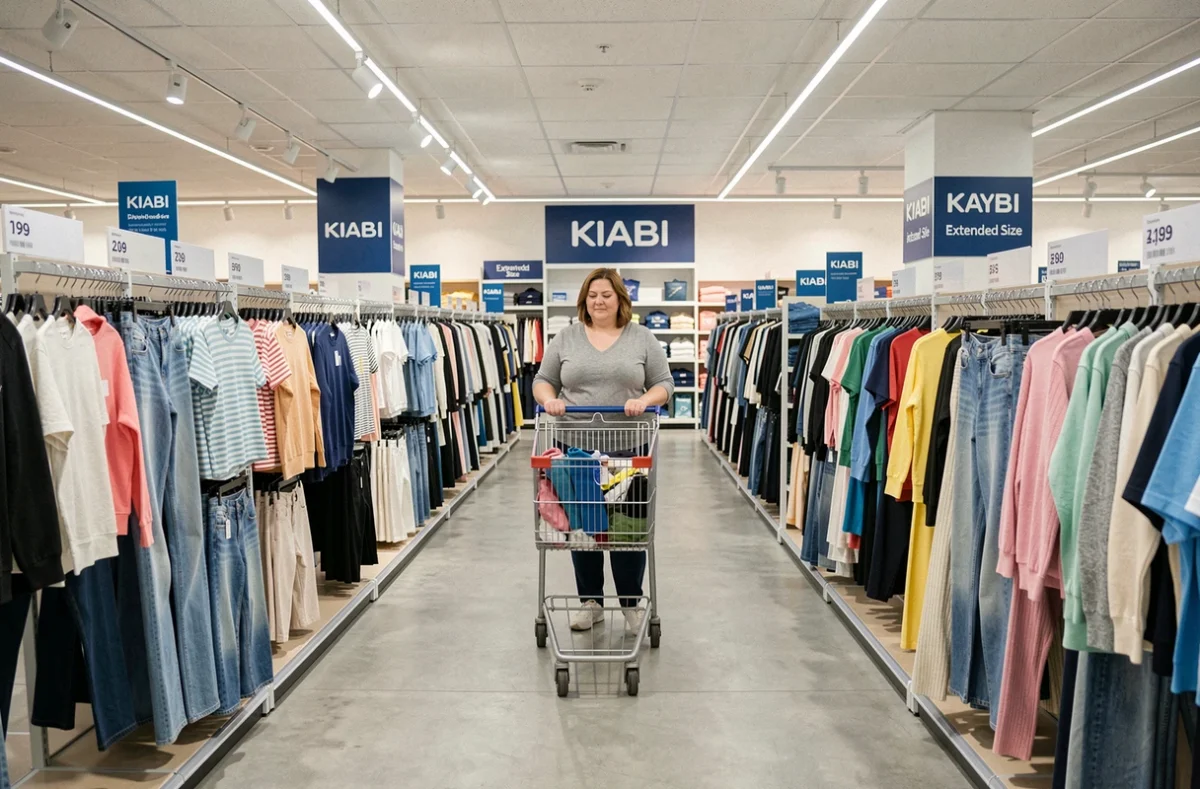 Cliente grande taille faisant ses achats dans le rayon grande taille du Kiabi à Bayeux