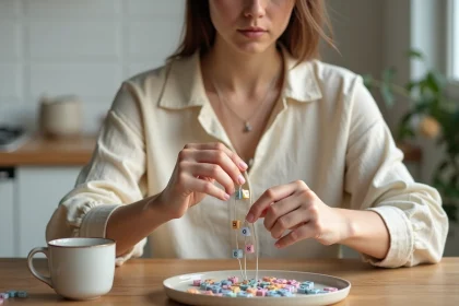 Jeune femme enfilant des perles lettres colorées sur un bracelet en élastique à une table en bois rustique, kit de bracelet personnalisé avec lettres
