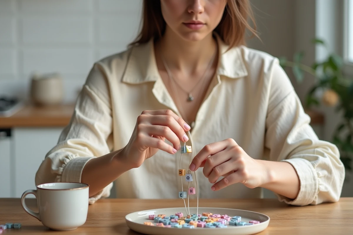 Jeune femme enfilant des perles lettres colorées sur un bracelet en élastique à une table en bois rustique, kit de bracelet personnalisé avec lettres