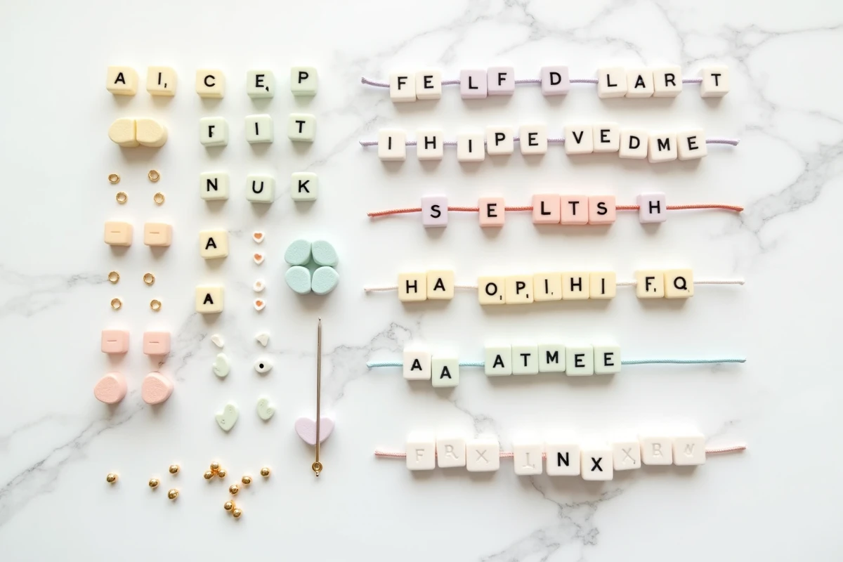 Kit de bracelet avec lettres présenté en flat lay sur marbre blanc, perles alphabet colorées et accessoires de création de bijoux personnalisés