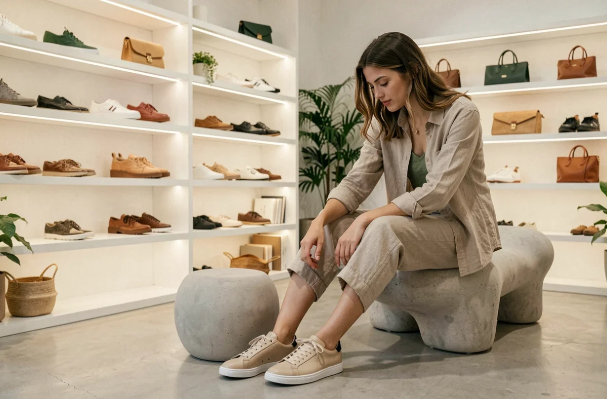 Intérieur épuré et design du concept store Kothai avec des chaussures de créateurs sur des étagères blanches